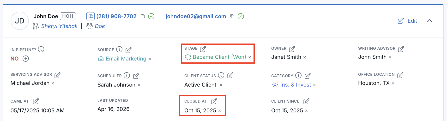 Contact record showing Stage and Closed At in the Important Info section