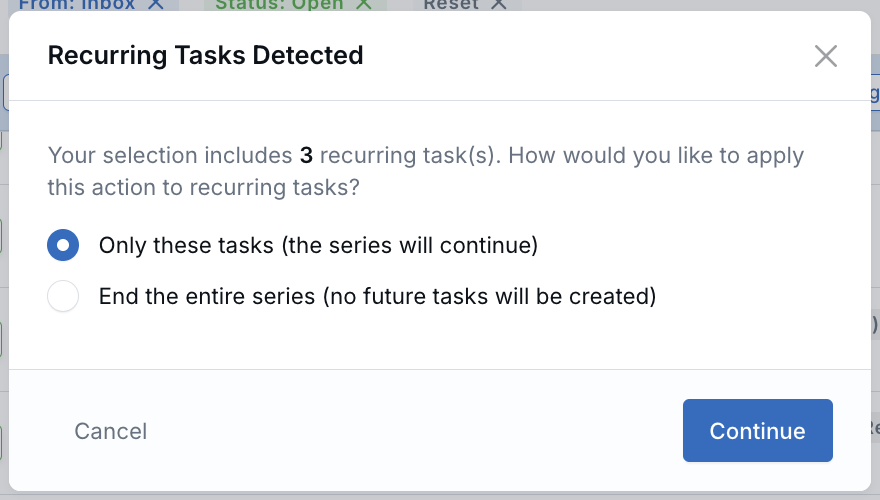 Recurring Tasks Detected modal showing options to update only the selected tasks or end the entire series