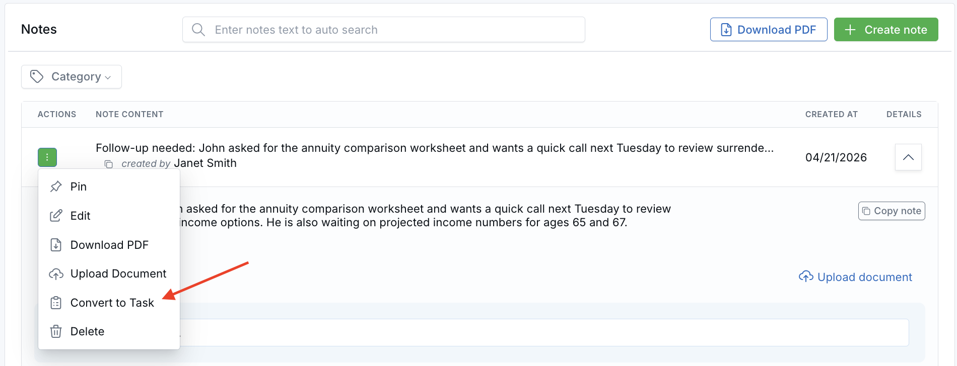 Note action menu showing the Convert to Task option