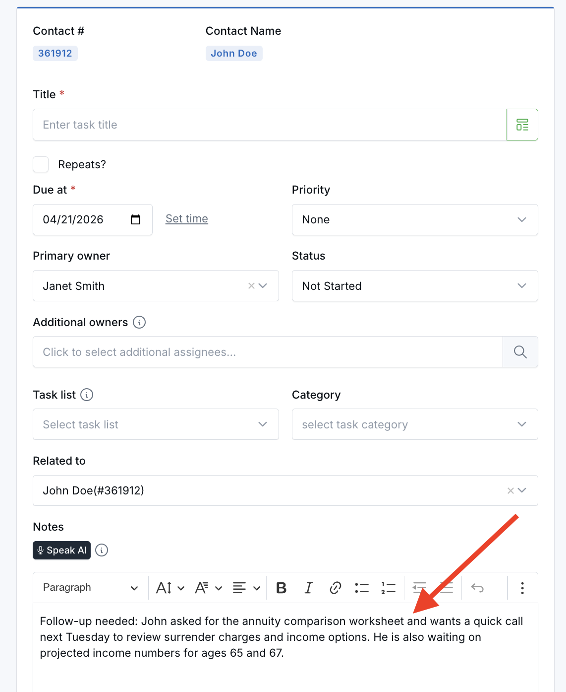 Task form opened from a note with the related contact and note content already filled in