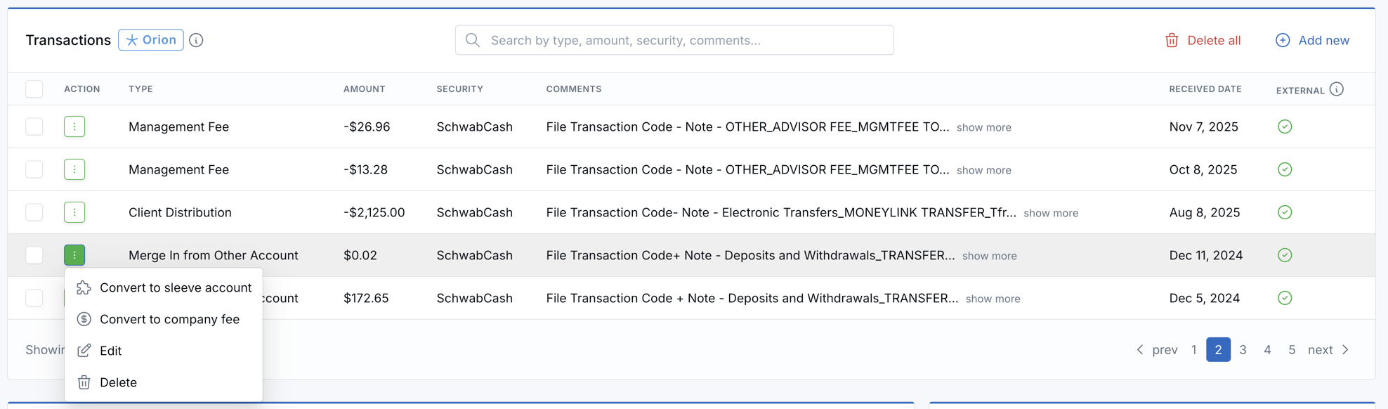 Transaction action menu showing options to convert a transaction to a sleeve account or company fee