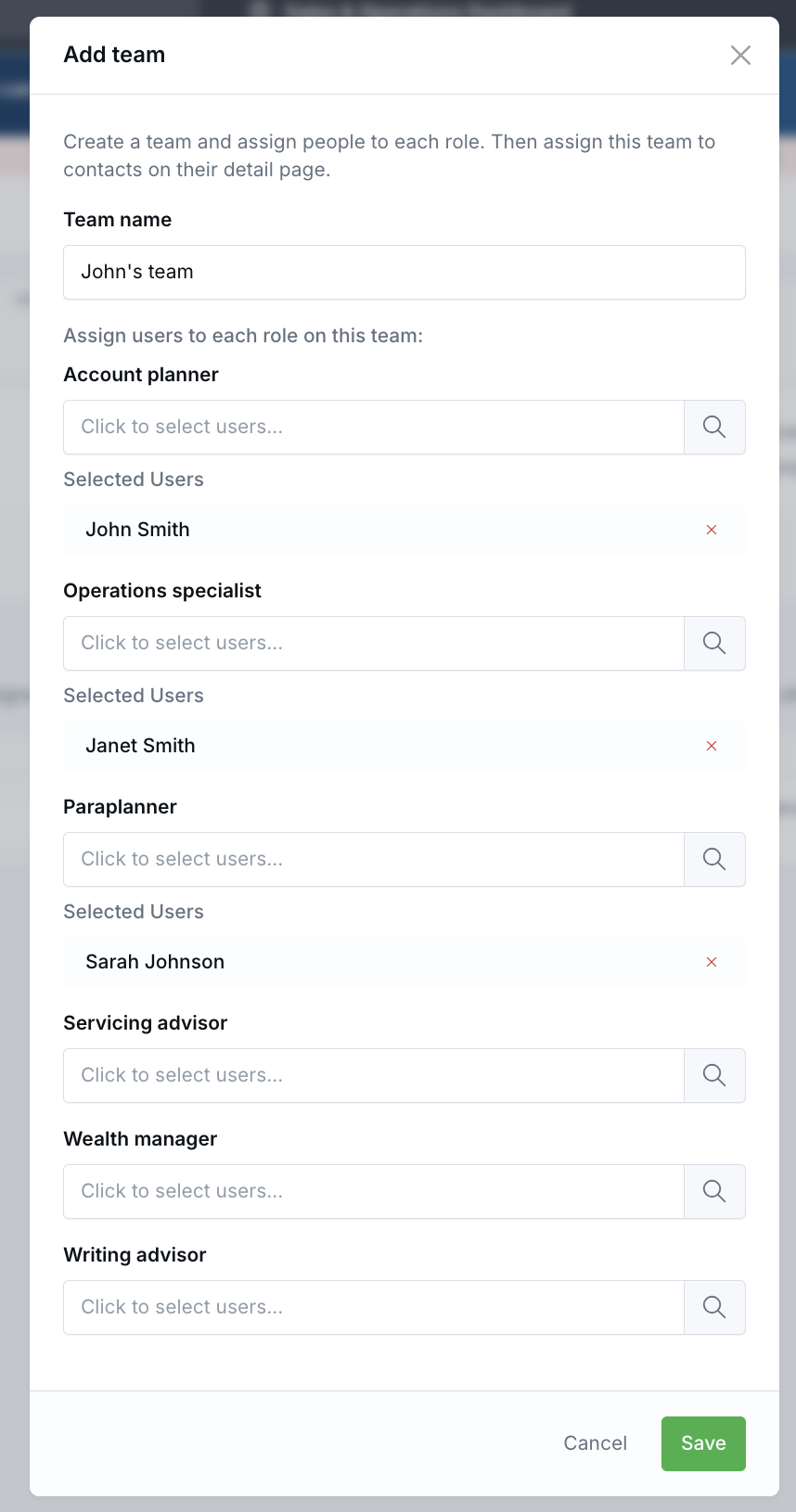 Add team dialog showing users assigned to workflow service team roles