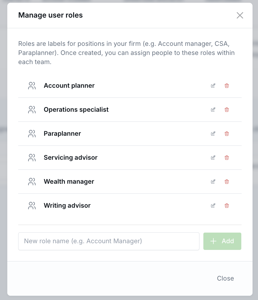 Manage user roles dialog for Workflow Service Teams