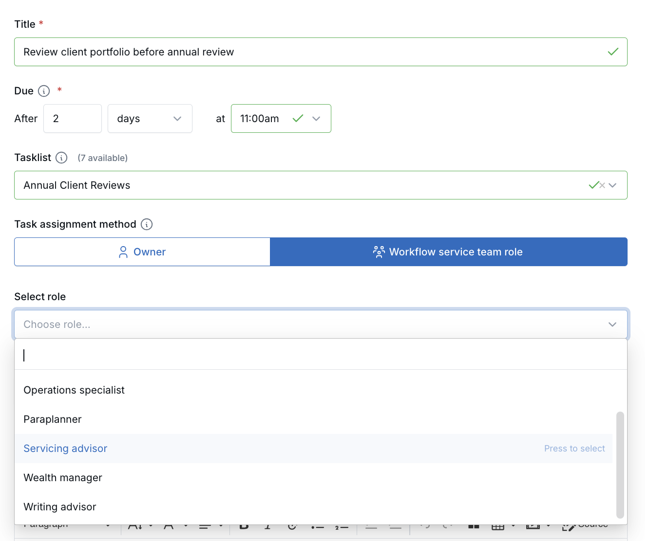 Create Task workflow node using Workflow service team role assignment