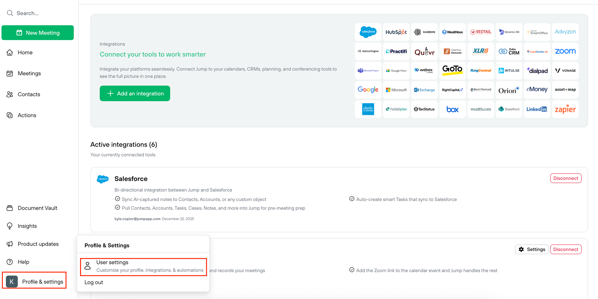 Jump Profile and Settings menu showing User Settings and the Integrations page
