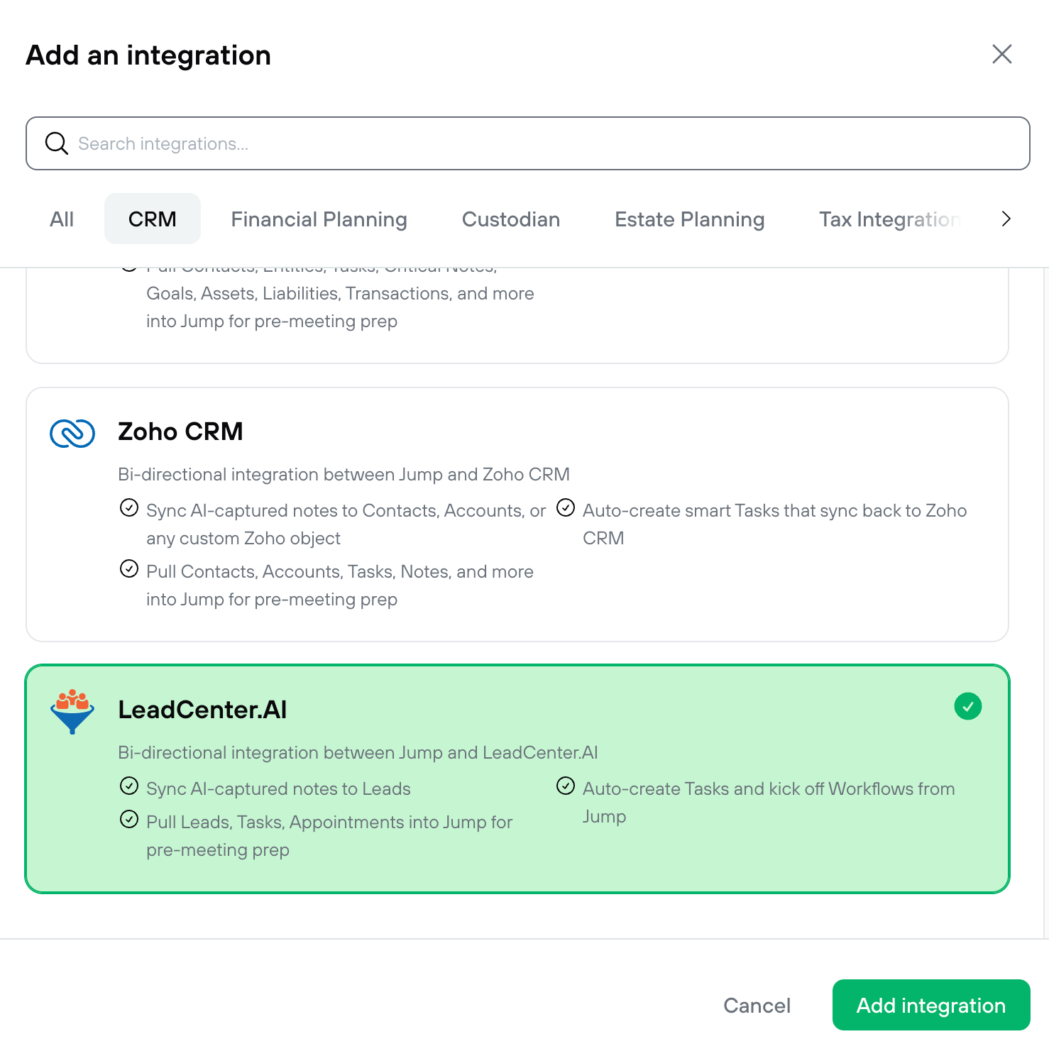 Jump Add an integration window showing LeadCenter.AI selected under the CRM category