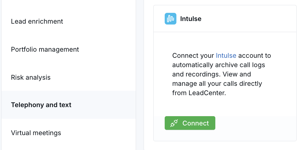 Intulse integration card under Telephony and text settings