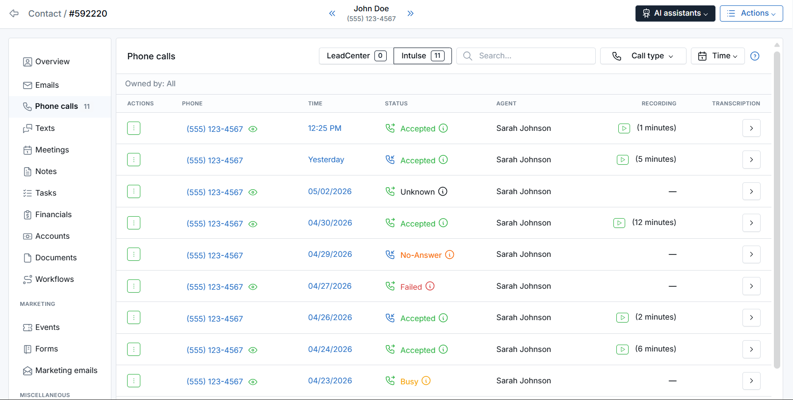 Contact Phone calls tab showing synced Intulse call activity