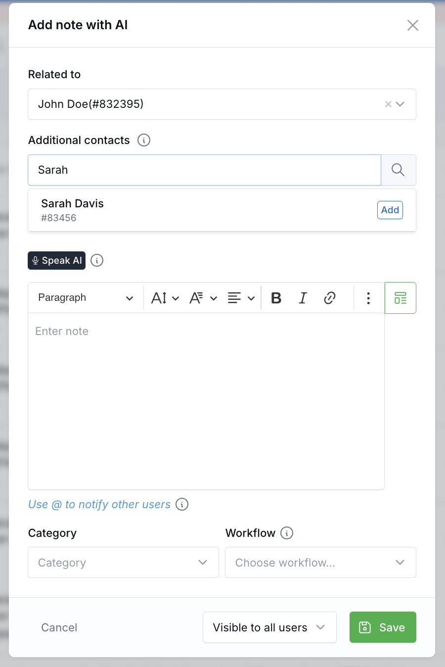 Add note form showing the Additional contacts field