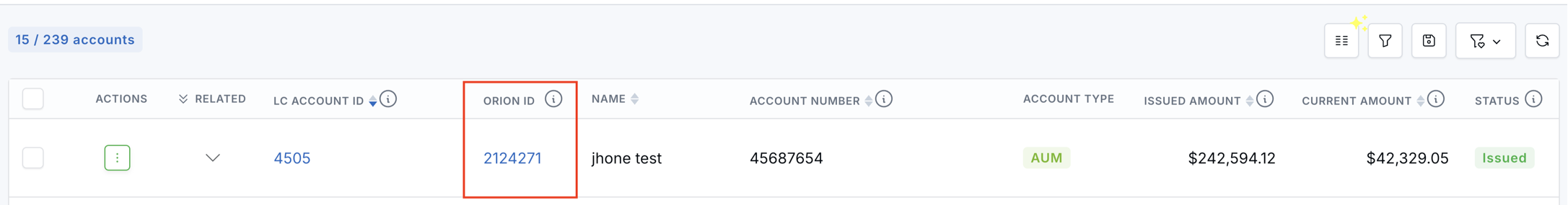Clickable Orion ID column rendered in the All Accounts page