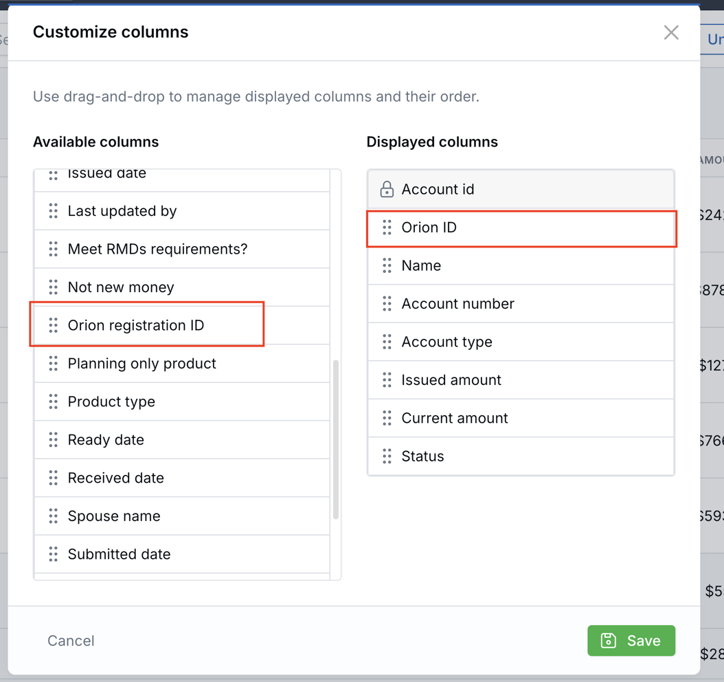 Customize Columns picker showing Orion ID + Orion registration ID