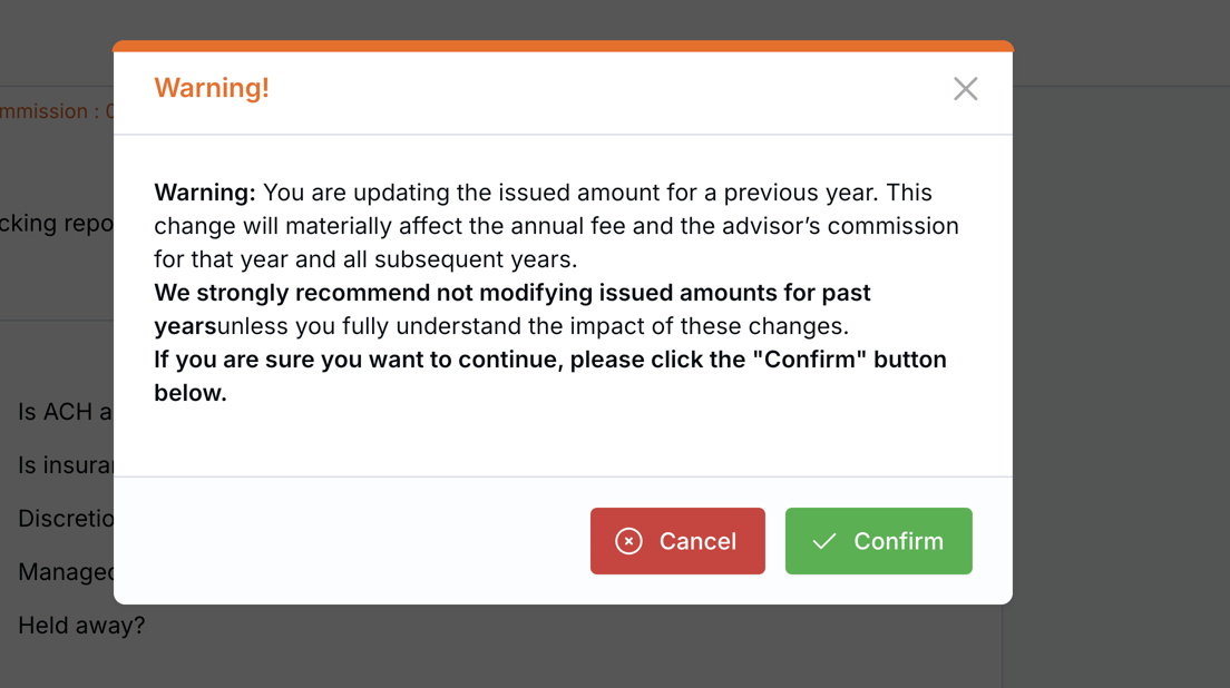 Previous-year issued amount warning modal