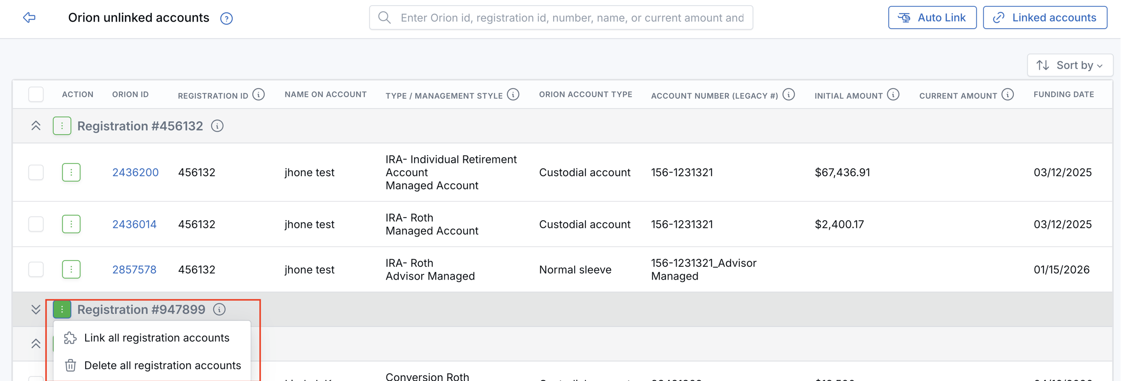 Unlinked Accounts page showing a registration group expanded