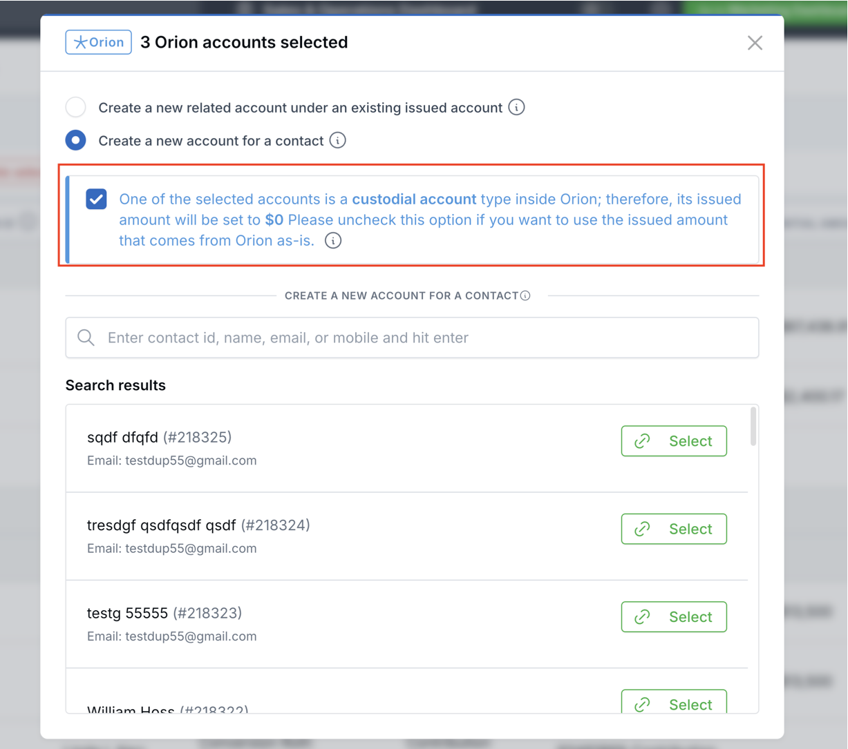Linking modal alert + Set custodial accounts issued amount to 0 checkbox