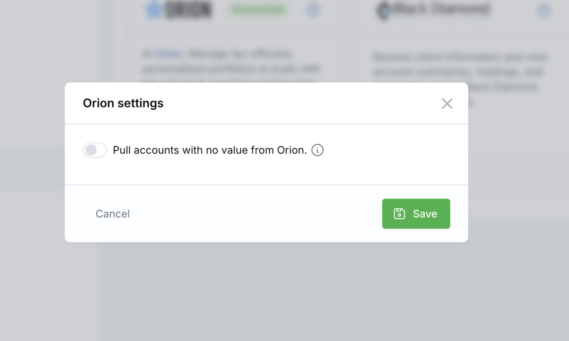 Orion Settings modal with the Pull accounts with no value toggle