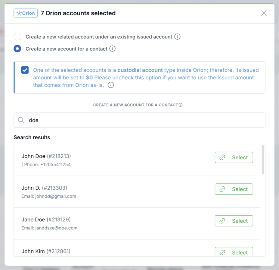 Orion account linking modal showing the option to set custodial account issued amount to zero