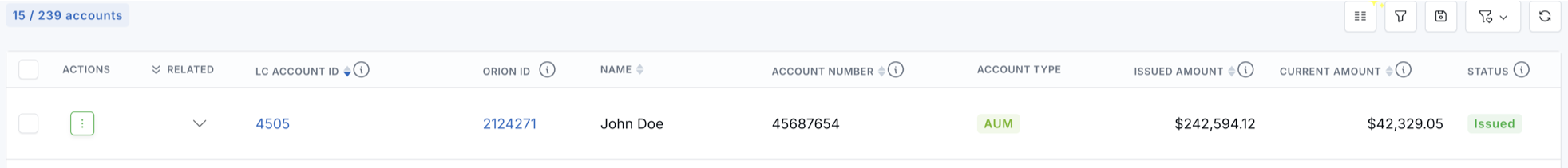 All Accounts page showing a collapsed related account group with total issued and current amounts on the main row