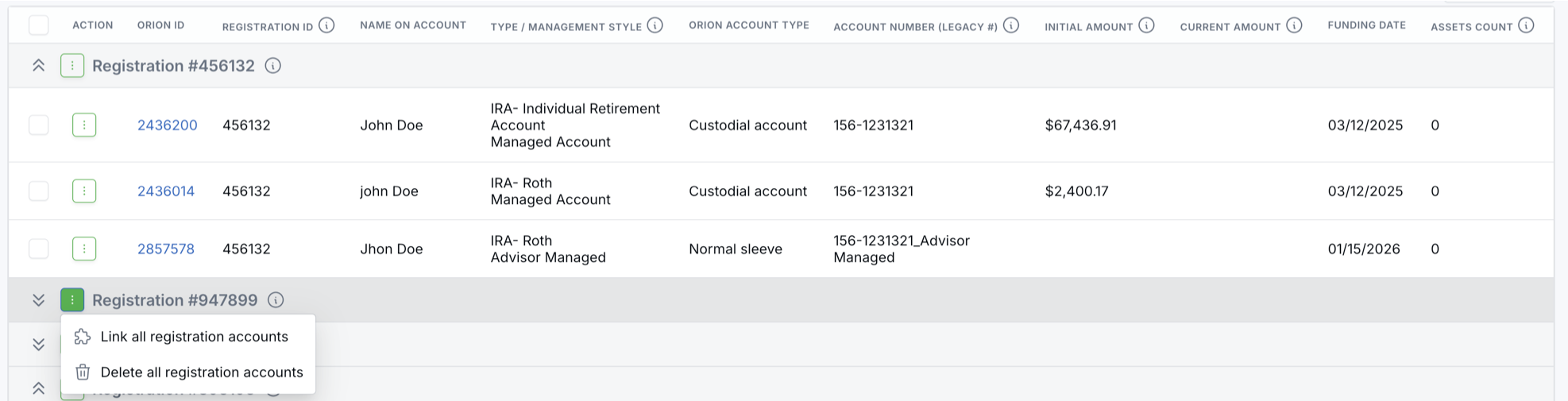 Orion Unlinked Accounts page showing accounts grouped by registration with registration-level actions