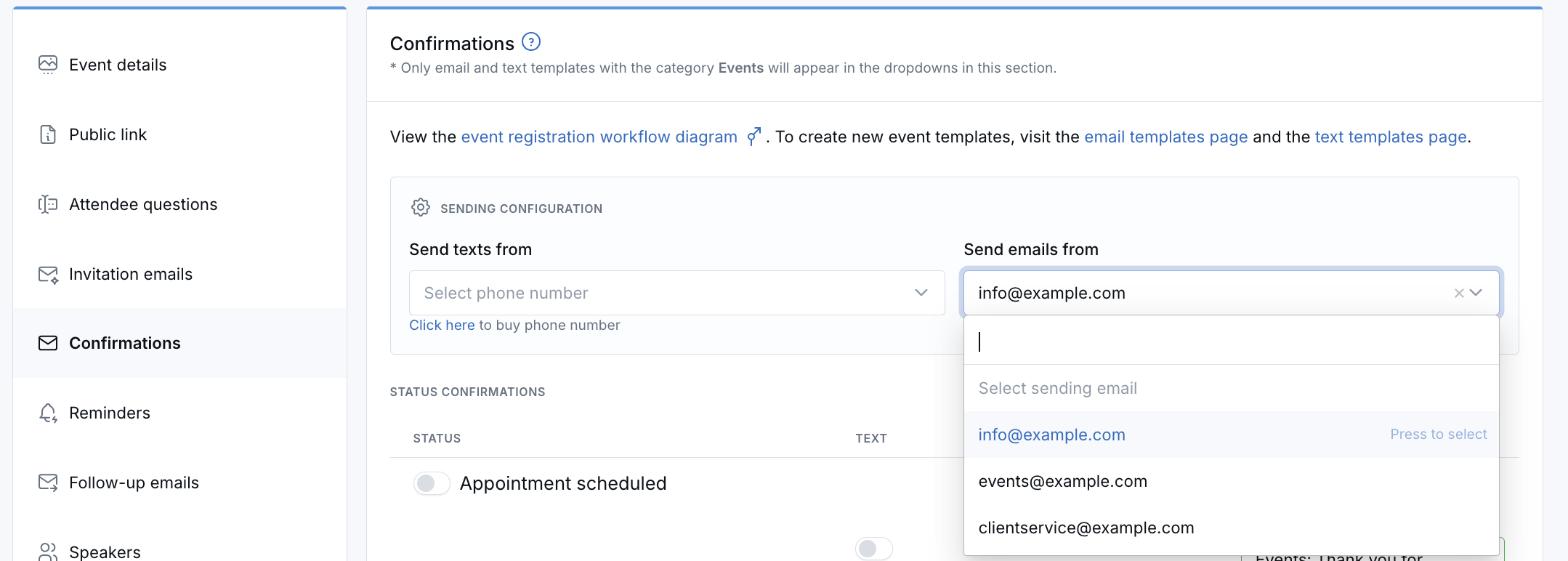 Sending Configuration section showing the Send emails from dropdown in the event editor