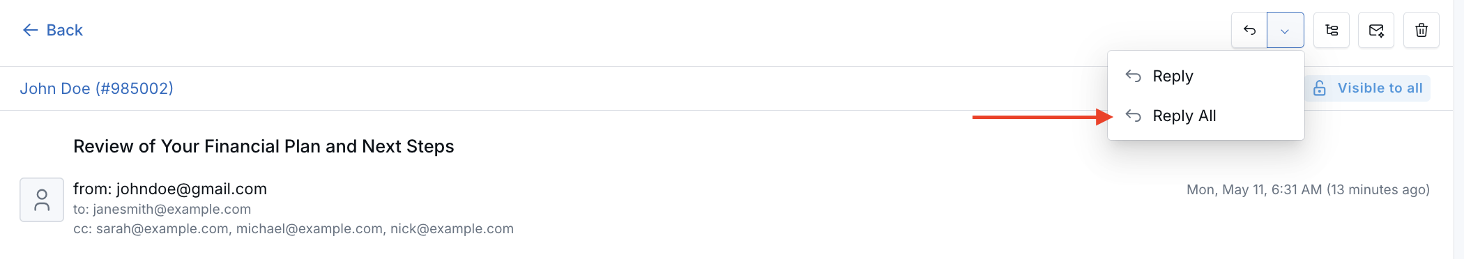 Inbox email showing the reply options dropdown with Reply All