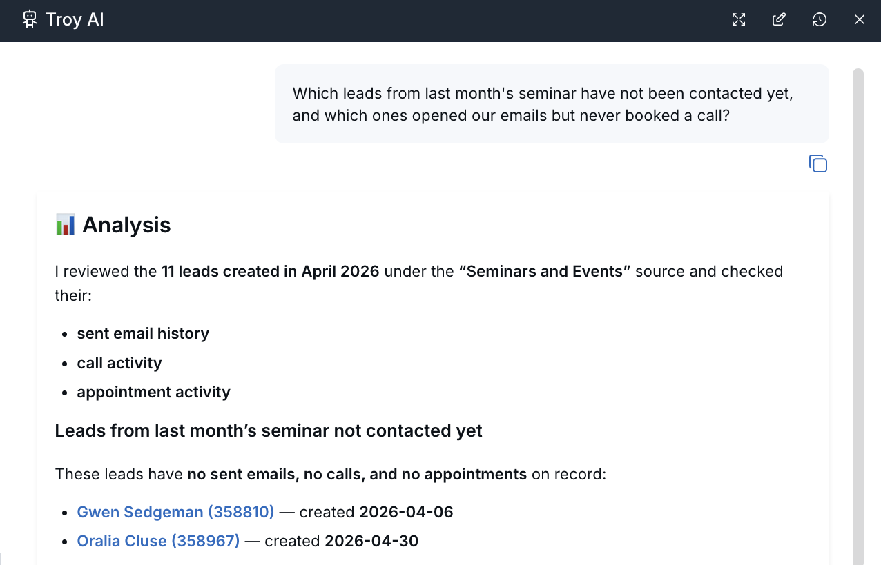 Troy AI analysis of seminar leads based on email, call, and appointment activity