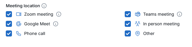 Meeting location options on a shared calendar link