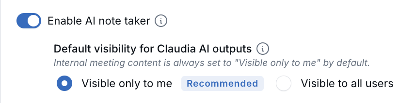 Default visibility for Claudia AI outputs setting in Calendar Settings