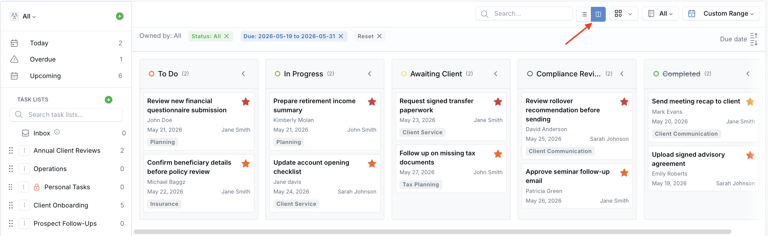 Tasks Kanban view showing custom task stages as columns with task cards