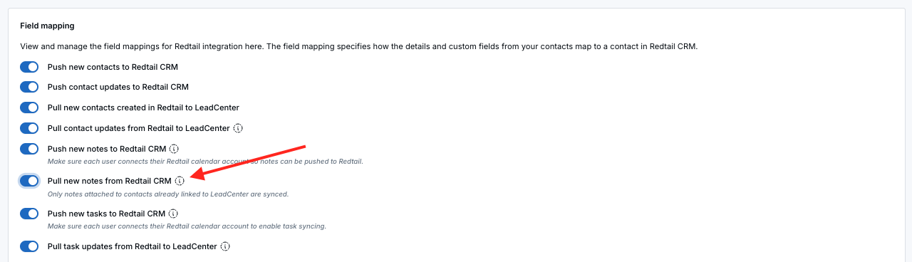 Redtail configuration page showing the Pull new notes from Redtail CRM setting