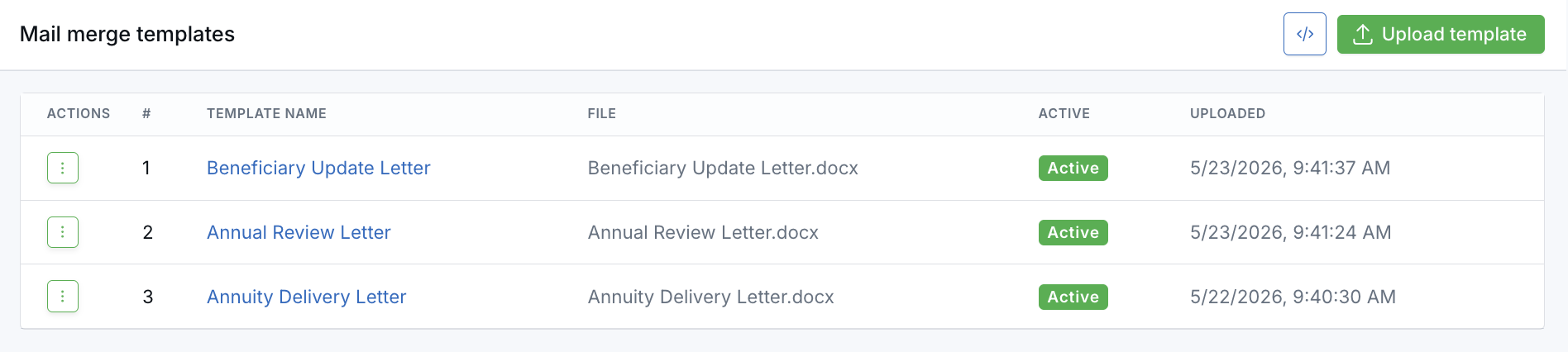 Mail Merge templates page showing reusable Word templates
