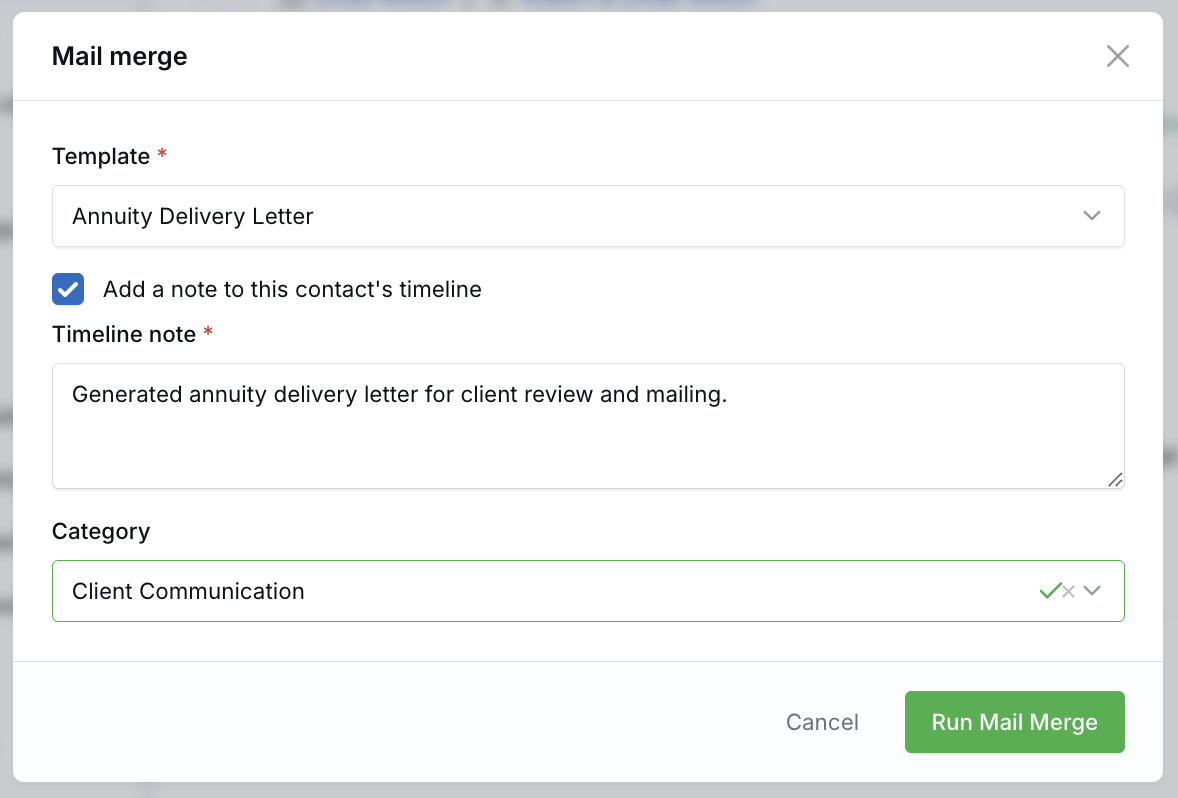 Mail Merge modal showing template selection, timeline note, category, and Run Mail Merge button