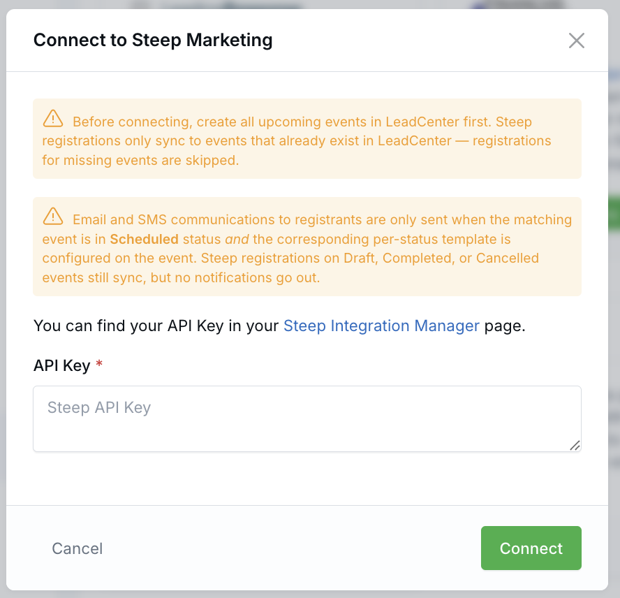 Connect to Steep Marketing modal showing the API key field and setup reminders