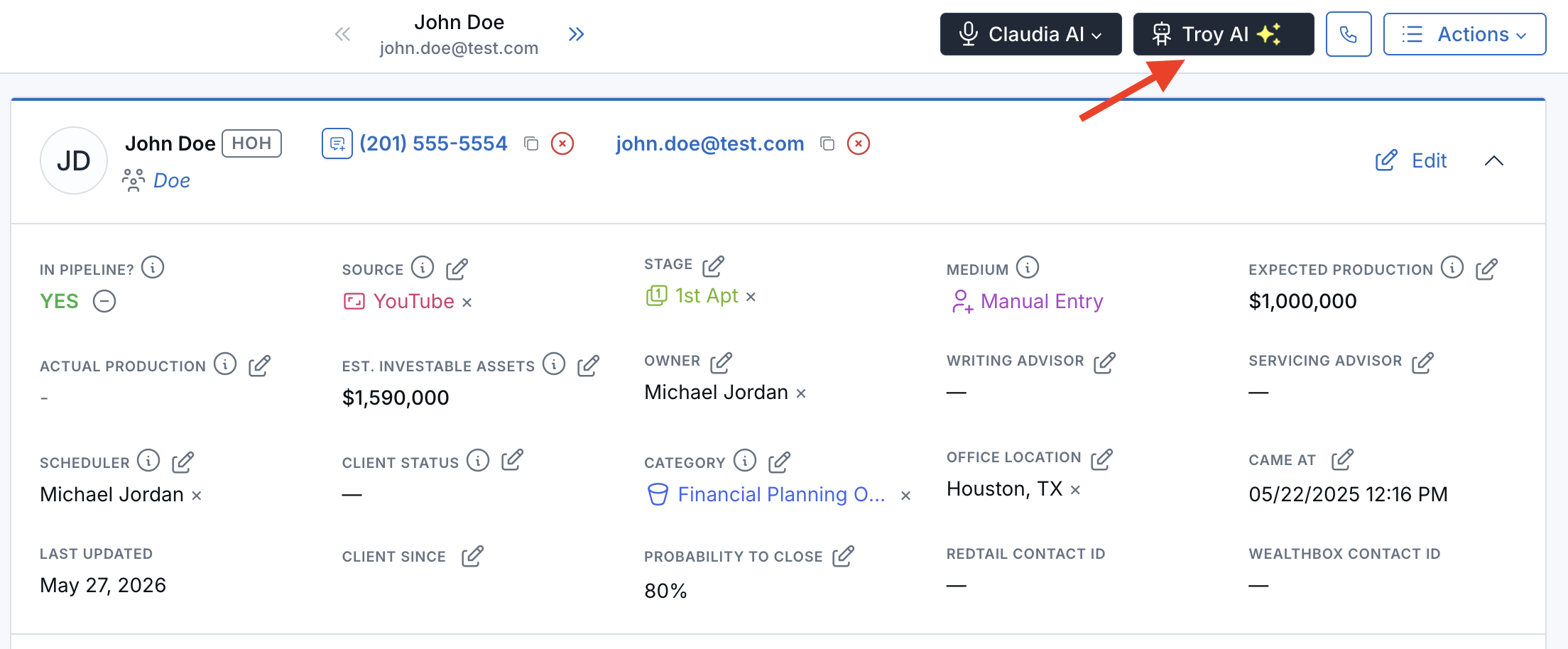 Contact record with the Troy AI button visible on the contact page