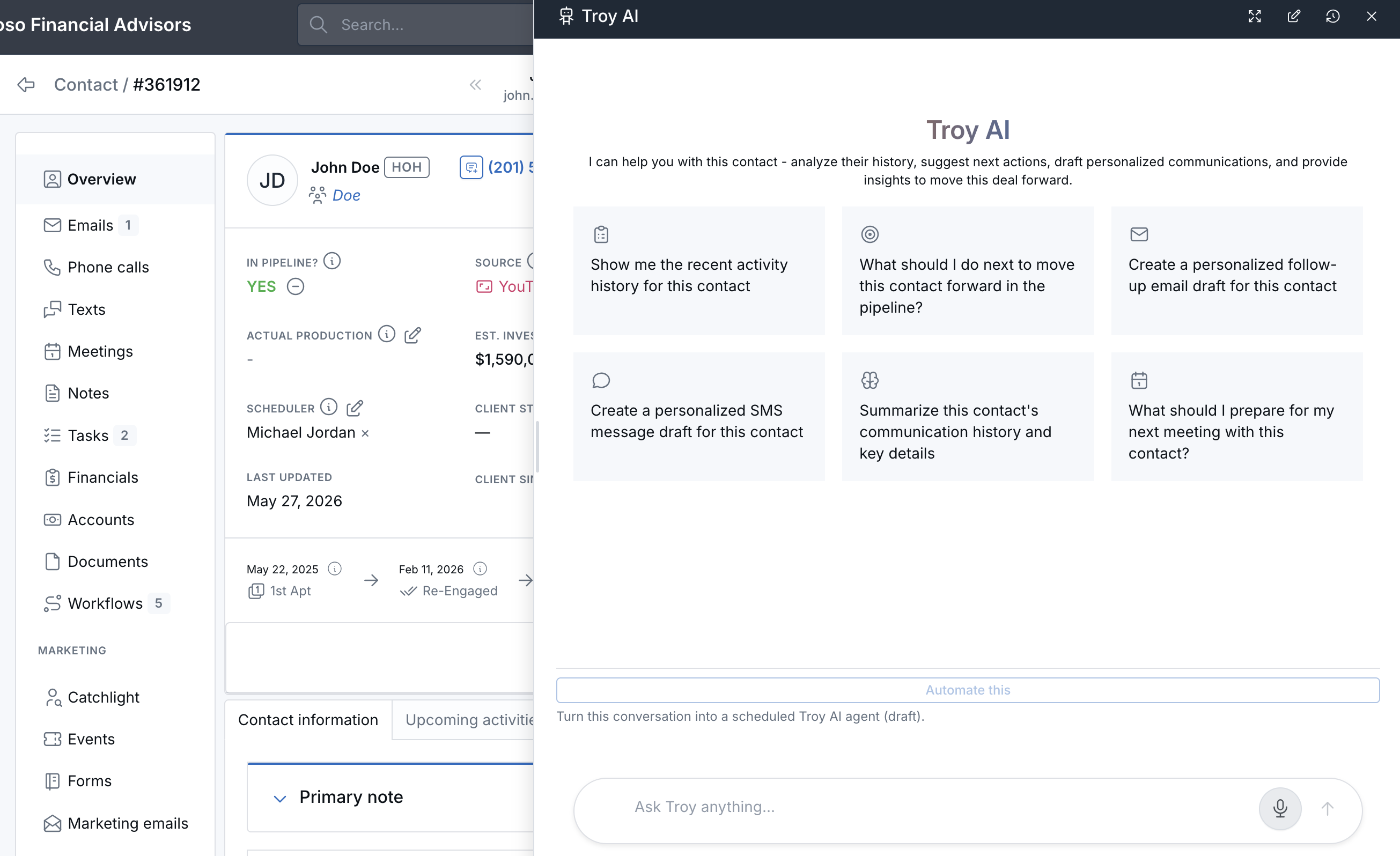 Troy AI side panel open on a contact record with suggested prompts visible