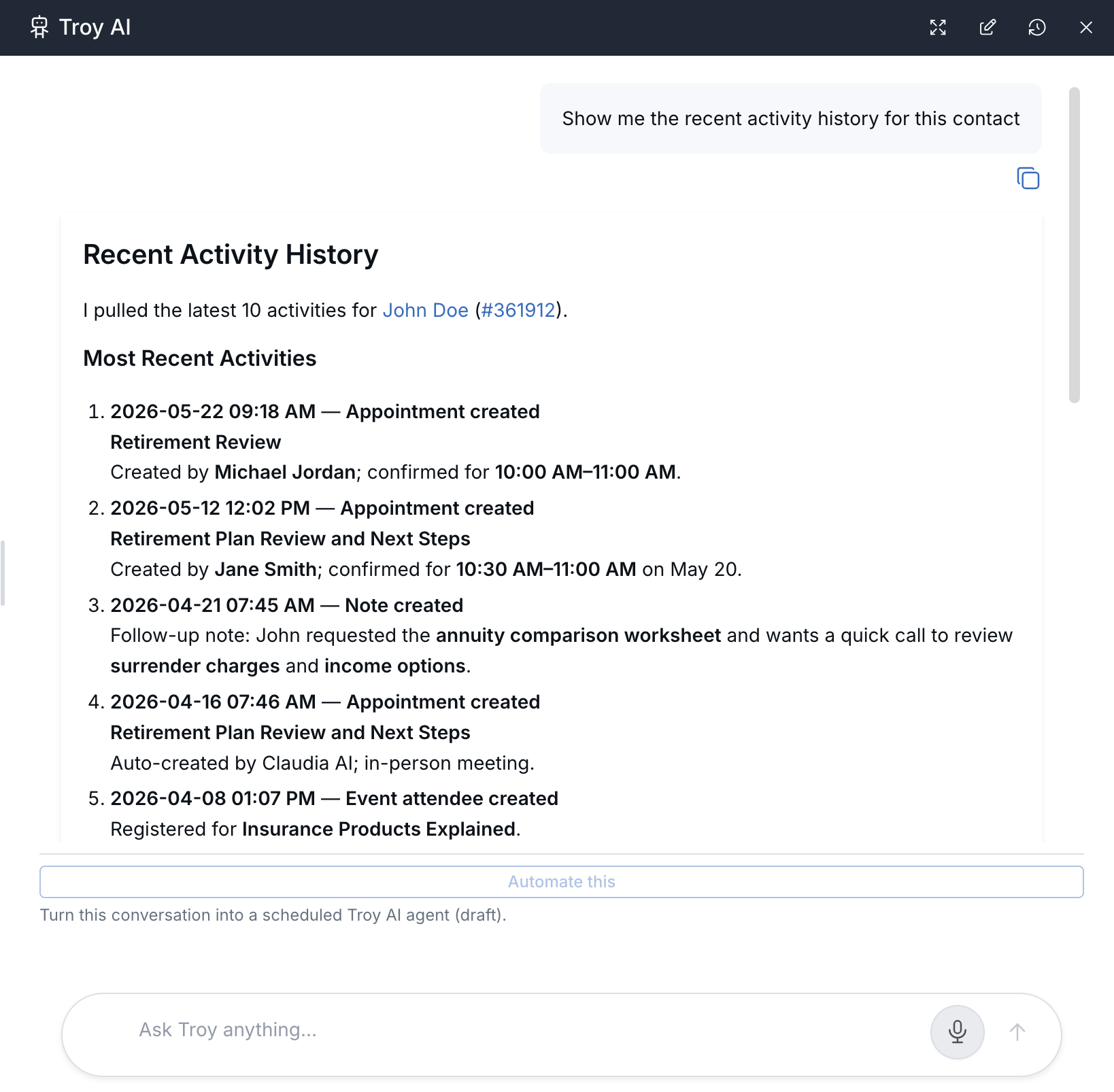 Troy AI response showing the recent activity history for a contact