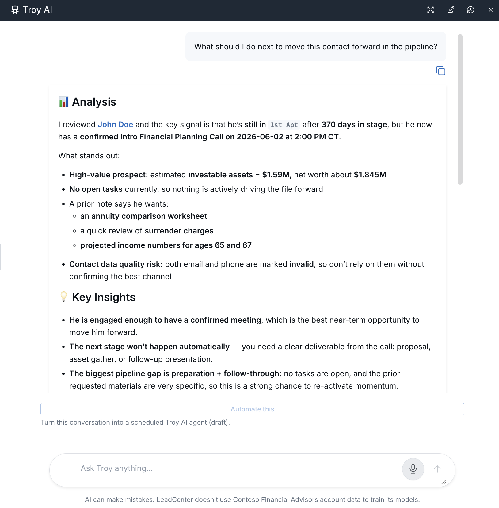 Troy AI response suggesting next steps to move a contact forward in the pipeline