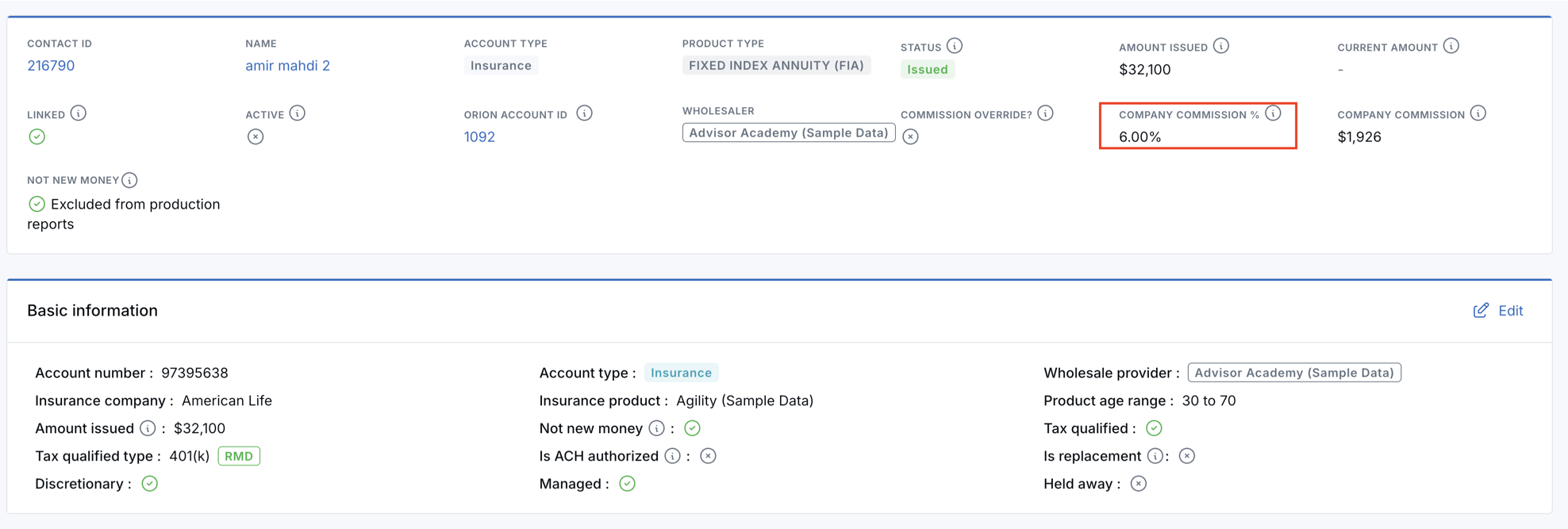 Account overview showing Company Commission percentage and amount for an issued insurance account.