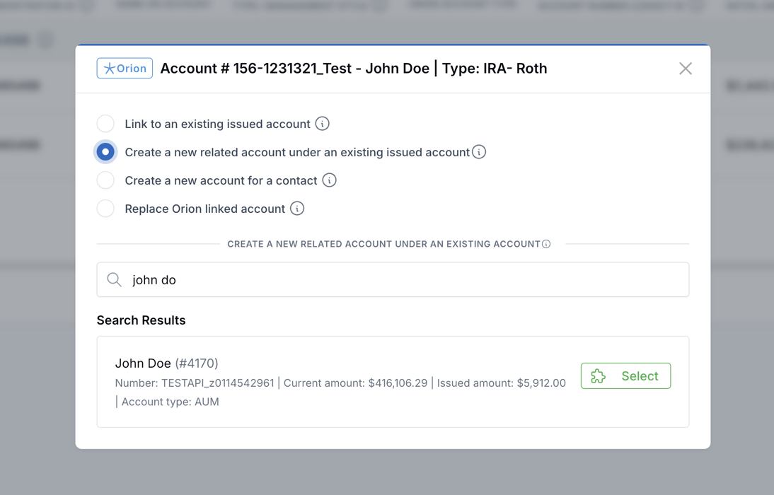 Orion linking modal with Create a new related account under an existing issued account selected.