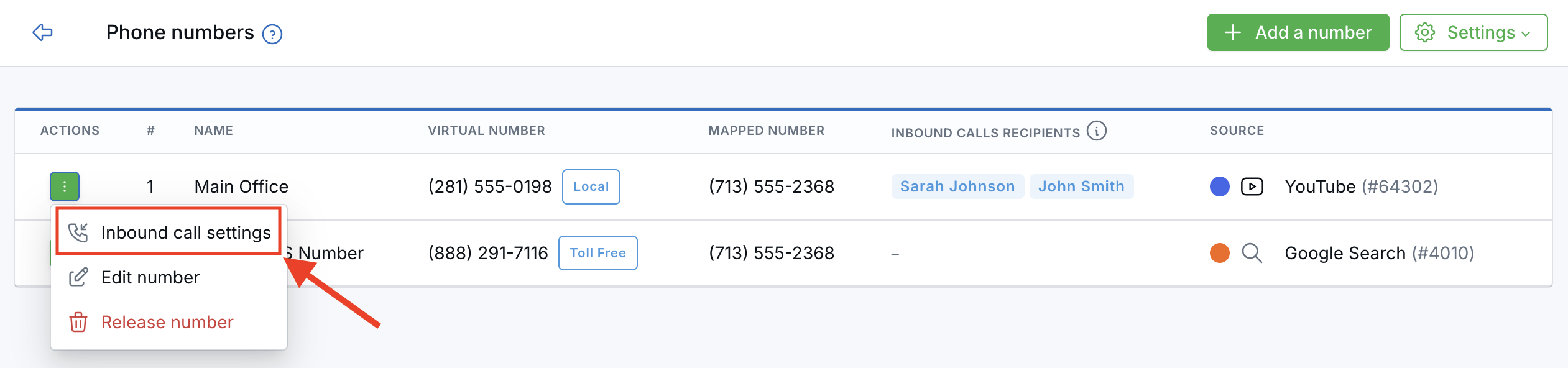 Virtual Phone Numbers page showing the Inbound call settings option in the row menu