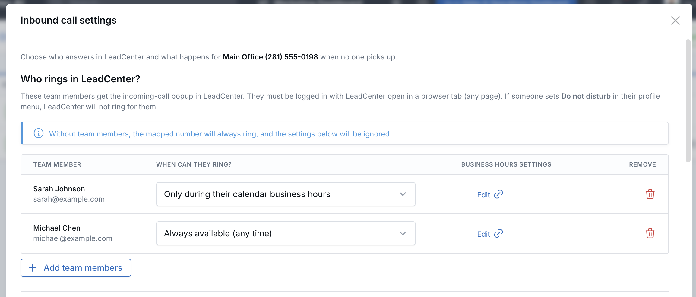 Inbound call settings showing team members who can answer calls in LeadCenter