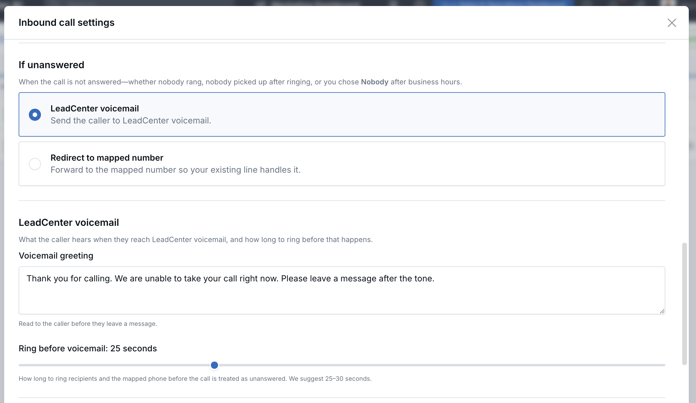 Inbound call settings showing LeadCenter voicemail greeting and ring before voicemail setting