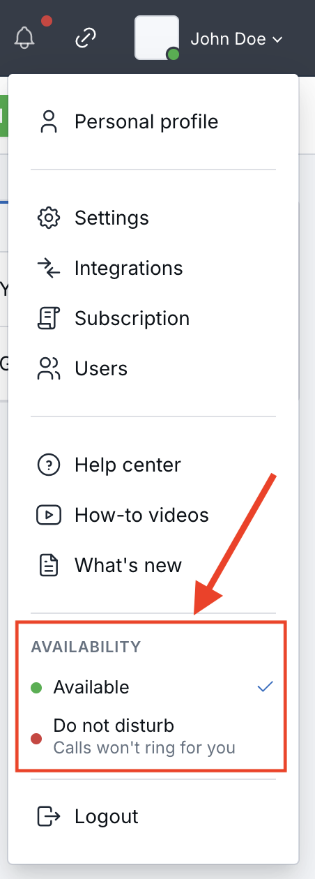 Profile menu showing Available and Do not disturb options