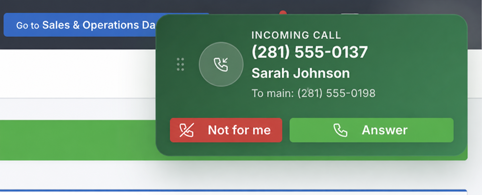 Incoming call pop-up with Not for me and Answer buttons