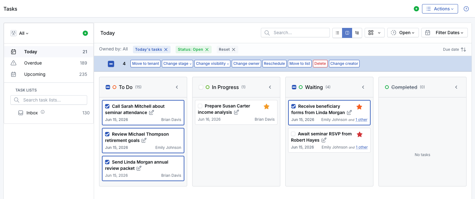 Kanban task cards selected with the bulk action bar available