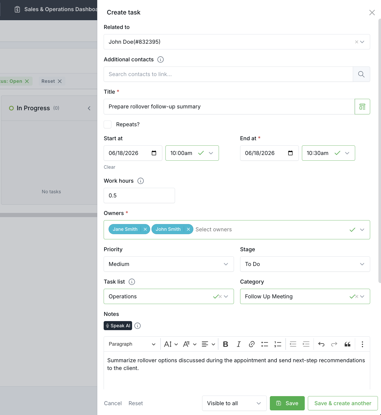 Create task panel showing contact, title, due date, priority, and task details