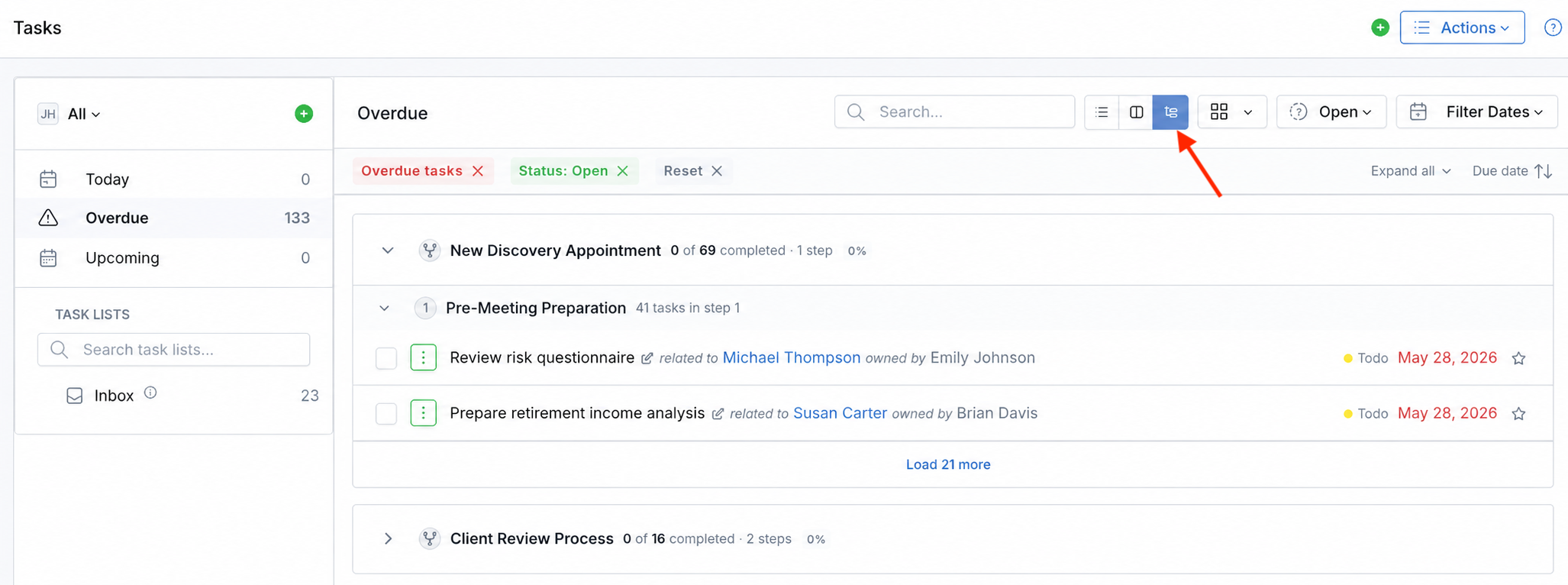Tasks grouped by workflow and workflow step on the Tasks page