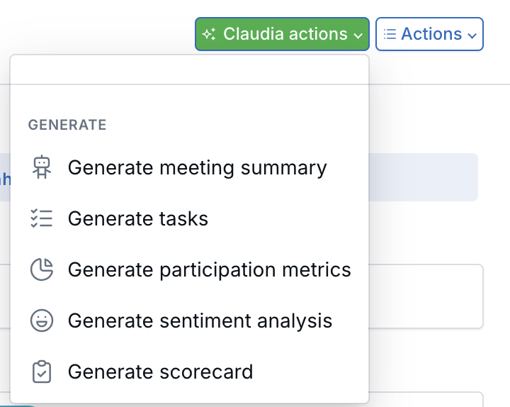 Claudia actions menu on a meeting
