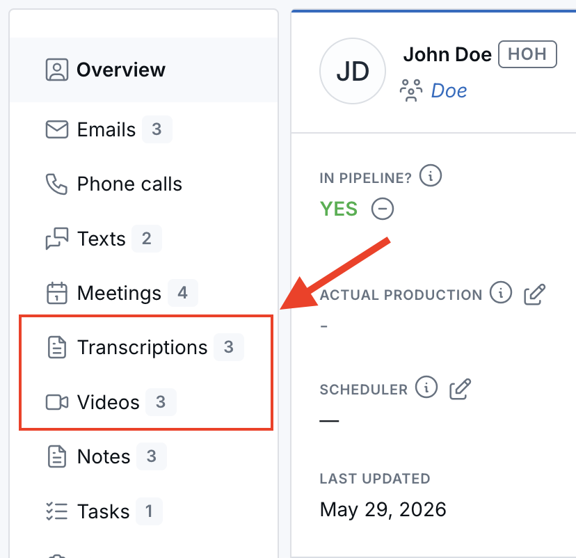 Contact record with Transcriptions and Videos tabs