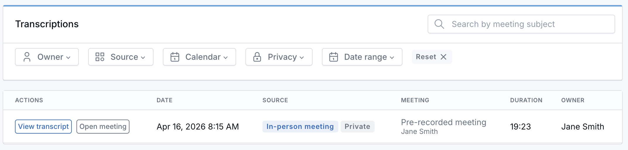 Claudia AI Transcriptions page with search, filters, transcript actions, and a Private badge