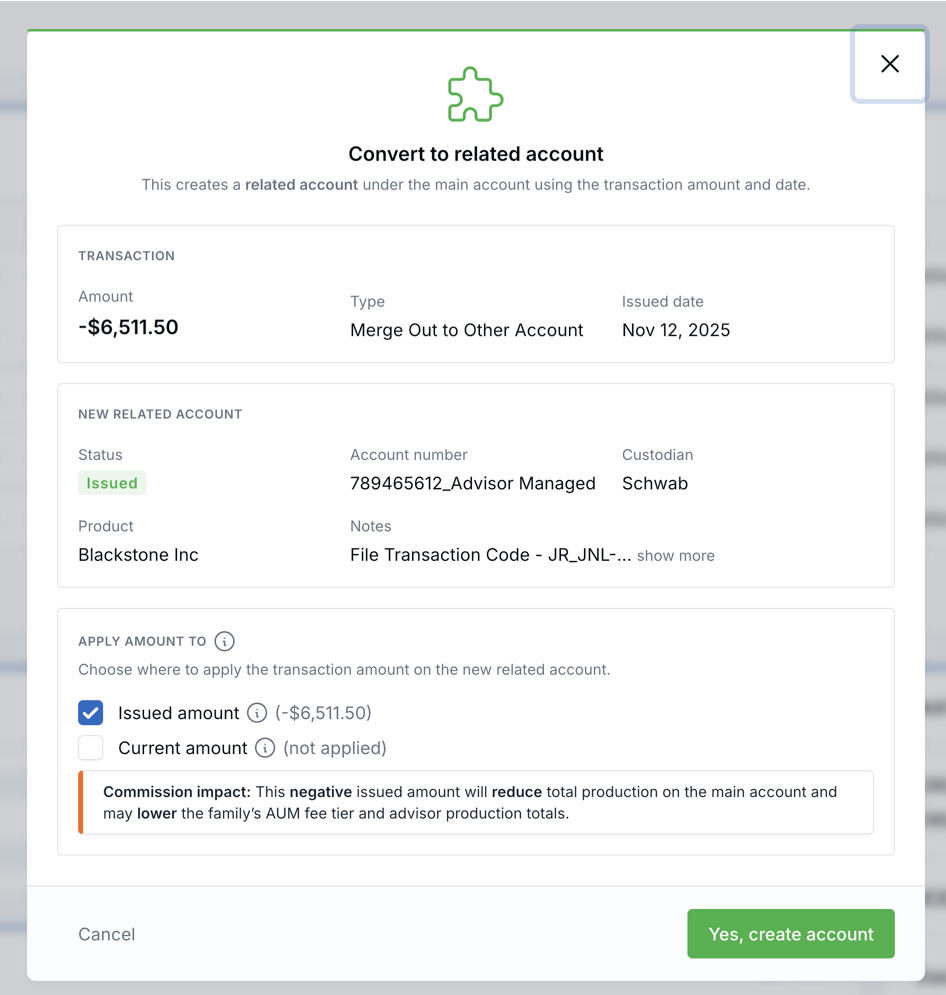 Convert to related account modal showing a negative merge out transaction applied to issued amount with a commission impact warning
